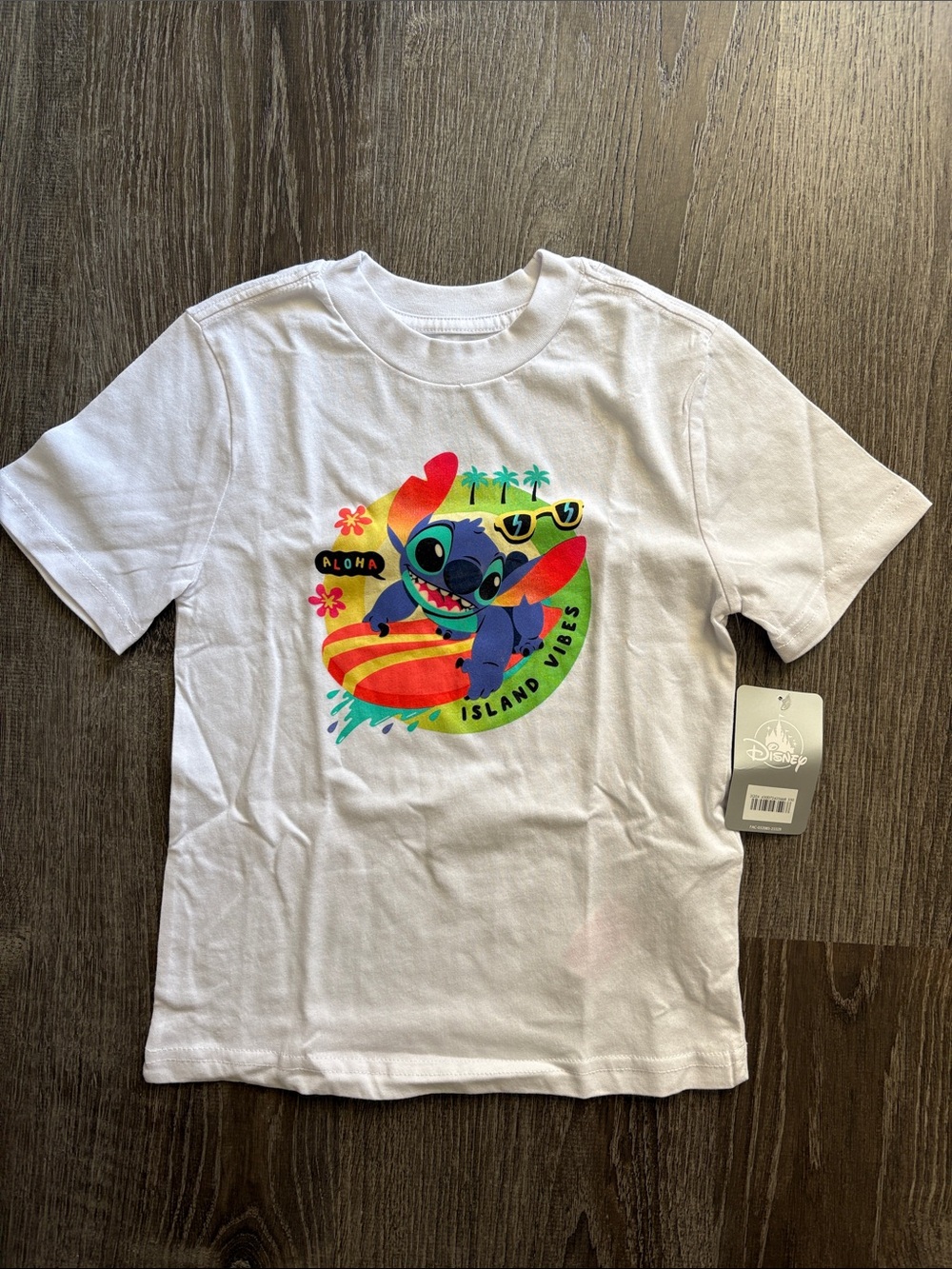 Disney White Short-Sleeve Tee with Colorful Stitch Surf Graphic